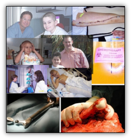 collage of photos taken during Billys cancer treatment (Billy, Dr. Letson, Billys bone marrow Donor George, Transplant team Dr. P. and Nurse Ethel, surgery photos)