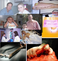 collage of photos taken during Billys cancer treatment (Billy, Dr. Letson, Billys bone marrow Donor George, Transplant team Dr. P. and Nurse Ethel, surgery photos)